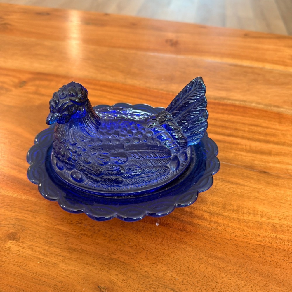 Vintage Cobalt Blue Glass Hen on Nest Covered Dish